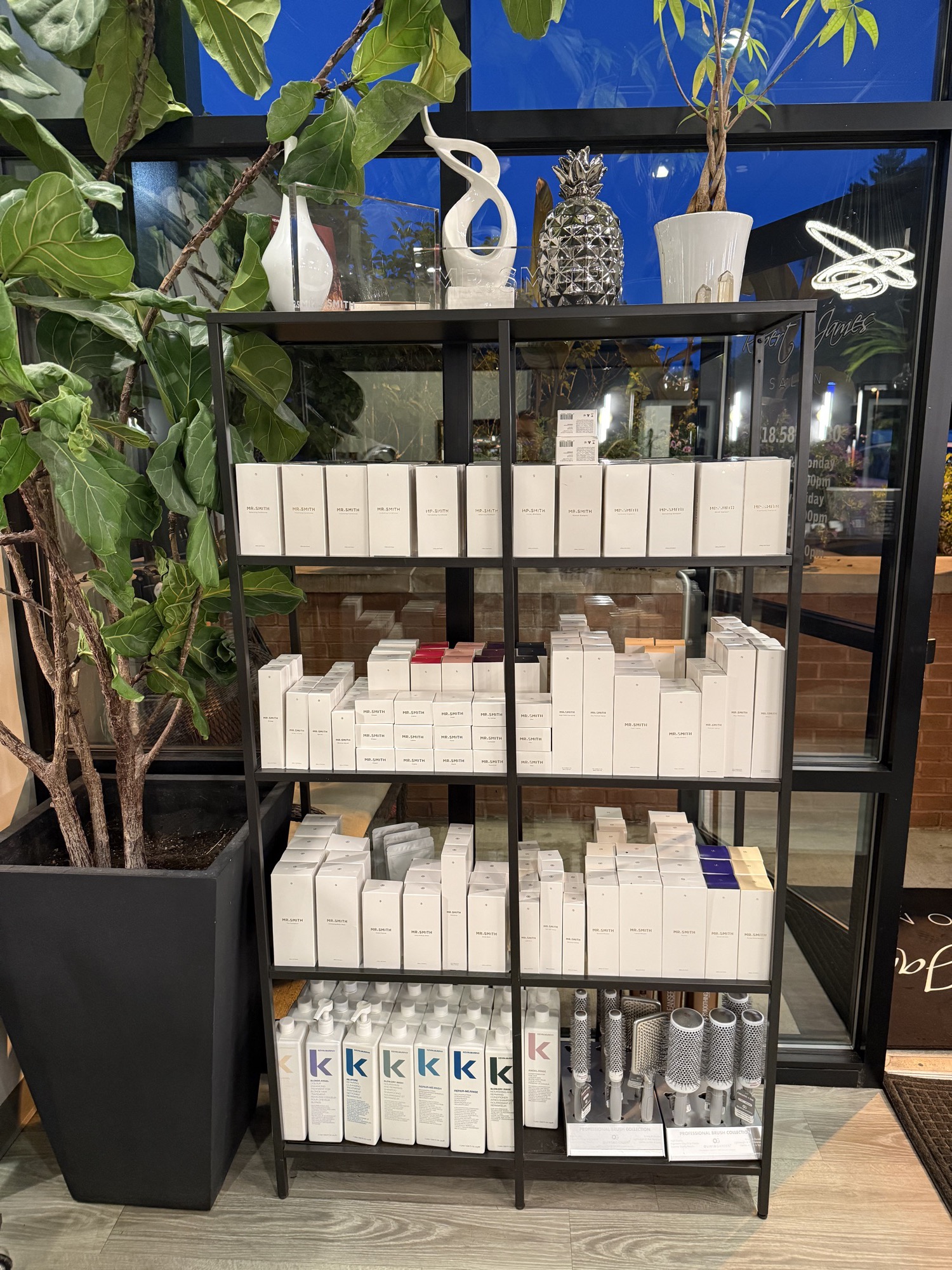 Mr. Smith product shelf and professional brushes